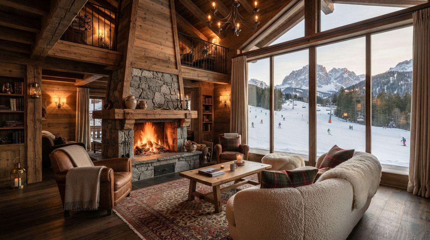 Intérieur d'un chalet à Megève avec vue sur les pistes de ski